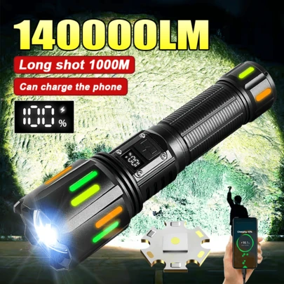 2025年最强手电筒超亮可充电LED手电筒140000流明远射程1公里战术手电筒变焦荧光露营灯
