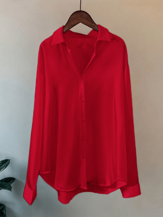 Plus Size Red Long Sleeve Shirt, Button Front, Regular Hem, Non-Stretch Woven Fabric Top For Autumn