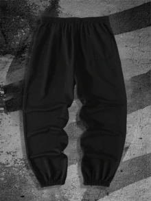 Printed Pattern Casual Sports Trousers, Suitable For All Seasons, Loose And Well-Fitting, Suitable For Both Men And Women, Street Casual Wear, Comfortable To Wear, Jogging, Commuting, Tapered Pants, If One Size Larger, It Is Recommended To Take A Photo Of One Size Larger, Polyester Fiber Fabric Breathable - 黑色1 - 查看 2