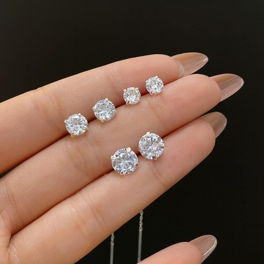 Trio Of 925 Silver Earrings With Round Zirconia Stone. 18k Gold Plated. - Plateado - Ver 1