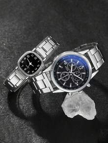 4 件时尚休闲圆形中性情侣手表配钢带石英表 + 简约手链组合套装，情侣礼品套装 - 銀色 - 查看 3