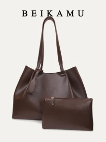 BEIKAMU 1 Túi Tote Thời Trang Nữ Màu Trơn Phong Cách Retro Dung Tích Lớn, Túi Đeo Vai Đa Năng Đi Làm Hàng Ngày, Túi Đeo Dưới Cánh Tay, Có Ví Cầm Tay Đựng Tiền Xu Nhỏ - Cà phê - Xem 2