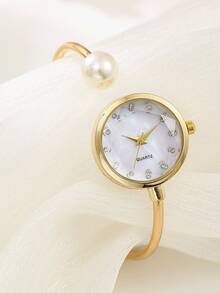 1pc Diamond-Studded Round Dial Pearl Bracelet Watch, Elegant Women's Watch - one-size - View 1