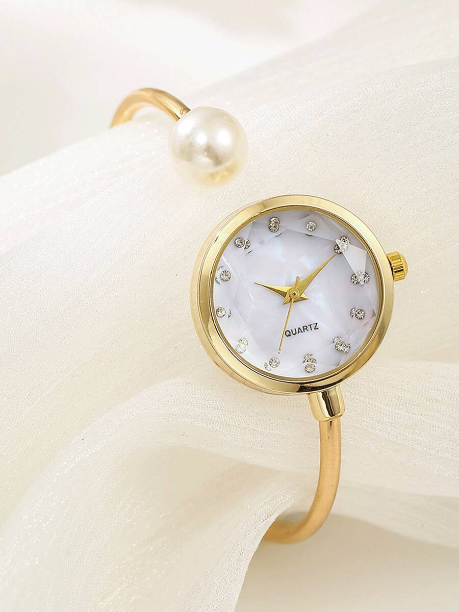 1pc Diamond-Studded Round Dial Pearl Bracelet Watch, Elegant Women's Watch - one-size - View 1