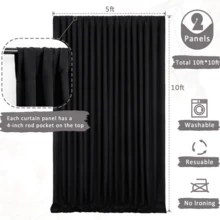 2 Panels-5ft X 10ft Black Backdrop Curtain For Party, Background Drapes Panels With Rod Pocket, Wrinkle Free Black Photo Curtains Backdrop Drapes Fabric Decoration For Wedding, Birthday Party Decor - 黑色 - 查看 2