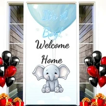 1pc, (35.4 Inch * 70.8 Inch/90cm * 180cm) Welcome Home Cute Cartoon Elephant Banner Backdrop Photo Booth Props Animal Theme Decor For Boy Prince Wild One Baby Shower 1st Birthday Party Supplies Decoration