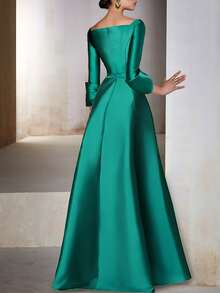 Magic Mia Women's Elegant Emerald Green Satin Evening Gown - Long Sleeve V-Neck Maxi Dress With Puff Sleeves & High Slit | Formal Wear For Wedding Guest, Prom And Special Occasions (2025 Design) - 綠色 - 查看 2