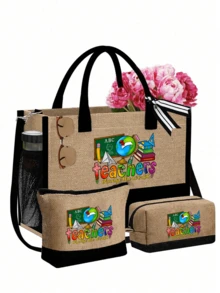 黄色亚麻手提袋，带化妆包，饰有教师节贺卡、花卉、书籍、苹果和地球图案，可重复使用，用作购物袋和化妆包；手提袋配有肩带和化妆包；侧袋可用作个性化礼品袋；可搭配围巾用作沙滩包；可用作节日礼品袋；朋友赠送的毕业礼物。 - 卡其色 - 查看 11