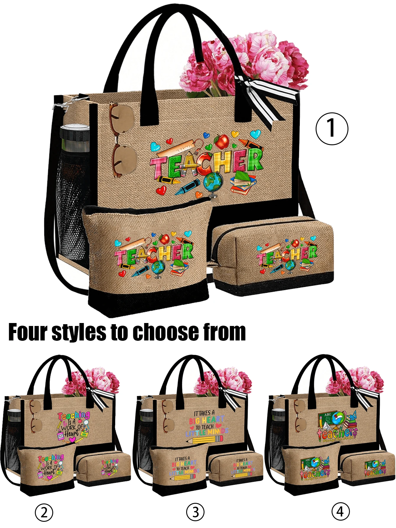 黄色亚麻手提袋，带化妆包，饰有教师节贺卡、花卉、书籍、苹果和地球图案，可重复使用，用作购物袋和化妆包；手提袋配有肩带和化妆包；侧袋可用作个性化礼品袋；可搭配围巾用作沙滩包；可用作节日礼品袋；朋友赠送的毕业礼物。 - 卡其色 - 查看 1