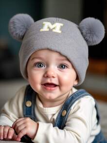 1Pc A-Z Letter Knit Newborn Baby Hat Kids Beanie Cap For Boys Girls Infant Accessories Children Hats Elastic 0-3Y Toddler Girl Boy Hat Birthday Gift For Winter Spring - Grey - View 3