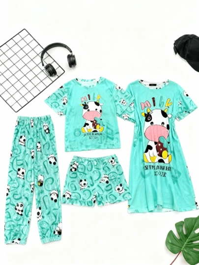 Pijama cómodo de anime con dibujos animados - camiseta corta, pantalones cortos modernos, falda larga y mangas largas, diseño de dibujos animados, conjunto de 4 piezas elástico.