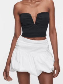 Women Bubble Skirt, High Waist Pleated Solid Summer Mini Skirt Streetwear For Casual Daily - 白色 - 查看 2