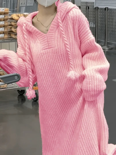 优雅甜美清纯秋冬女针织连衣裙欧美风长袖纯色优雅时尚大码连帽毛衣裙