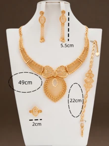 5pcs/Set 18K Gold Plated Copper Jewelry Set: 1 Necklace, 1 Bracelet, 1 Pair Earrings, 1 Ring, Fashion Accessories For Women, Middle East, Dubai, Africa, Europe, American Bride, Wedding, Party, Mother's Day, Back To School, Valentine's Day Gift