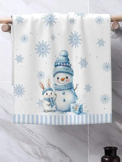 2pcs Christmas Kitchen Towels, Snowflake Snowman & Snow Bunny Design, Modern Cartoon Style, 15.7x23.6inch,Ultra-Soft Polyester Microfiber, Rectangular Bathroom Hand Towels,Farmhouse Tea Towels For Home & Holiday Decor