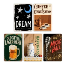 5 Panel Set Of Metal Wall Art - 8x12 Inch Vintage Tin Signs For Living Room, Bar, Cafe & Man Cave, Rustic Ready To Hang Decor With Pre-Drilled Holes