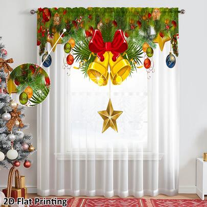 Cortina transparente com sino de Natal, estrela e enfeites de impressão plana 2D, material de fibra de poliéster, adequada para casa alugada, sala de estar, cozinha, quarto, removível e lavável, cortina de janela pequena