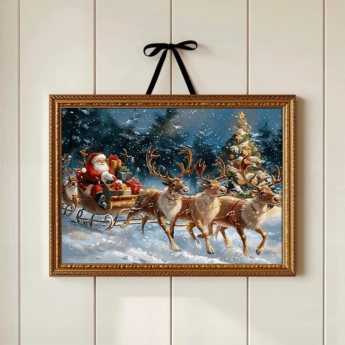 لوحة جدارية فينتاج قطعة واحدة، طباعة على قماش لسانتا كلوز وعربة الأيائل، للاستخدام الداخلي أو الخارجي، موضوع السيد كلوز، ديكور عيد الميلاد | ملصق عيد الميلاد | مؤطر أو غير مؤطر، ديكور الغرفة، ديكور المنزل، ديكور غرفة طالب الجامعة، هدايا لديكور الجدران في الفندق، المنزل، غرفة المعيشة، غرفة النوم، الحمام والمكتب