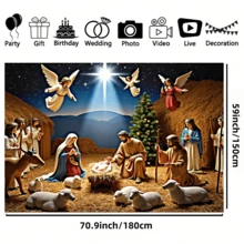 1 pieza Fondo navideño plano 2D con escena de la Natividad, ángeles, estrella de Belén, árbol de Navidad, ovejas y ciervos, y pancarta del pesebre rústico - Adecuado para decoración de pared de eventos religiosos, actividades de fiesta de Navidad 2026 y telón de fondo para exhibición en la iglesia - Decoración navideña para interiores y exteriores