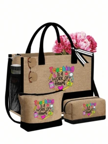 黄色亚麻手提袋，带化妆包，饰有教师节贺卡、花卉、书籍、苹果和地球图案，可重复使用，用作购物袋和化妆包；手提袋配有肩带和化妆包；侧袋可用作个性化礼品袋；可搭配围巾用作沙滩包；可用作节日礼品袋；朋友赠送的毕业礼物。 - 卡其色 - 查看 12