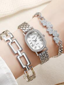 3 件套奢华优雅椭圆形罗马表盘精致石英女士手表套装，适合日常搭配、生日、女士礼物、周年纪念、年终促销、光棍节、万圣节促销和其他节日礼物 - 銀色 - 查看 5