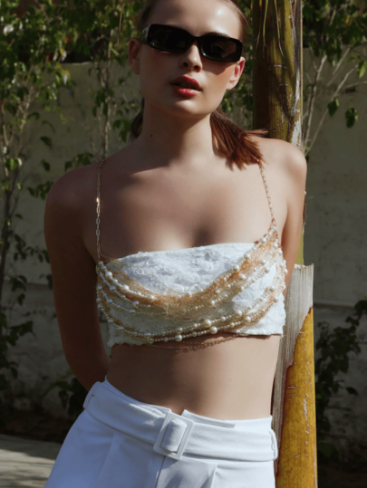 1 pieza Elegante cadena de perlas para el Body, conjunto de ropa de estilo con perlas multicapa