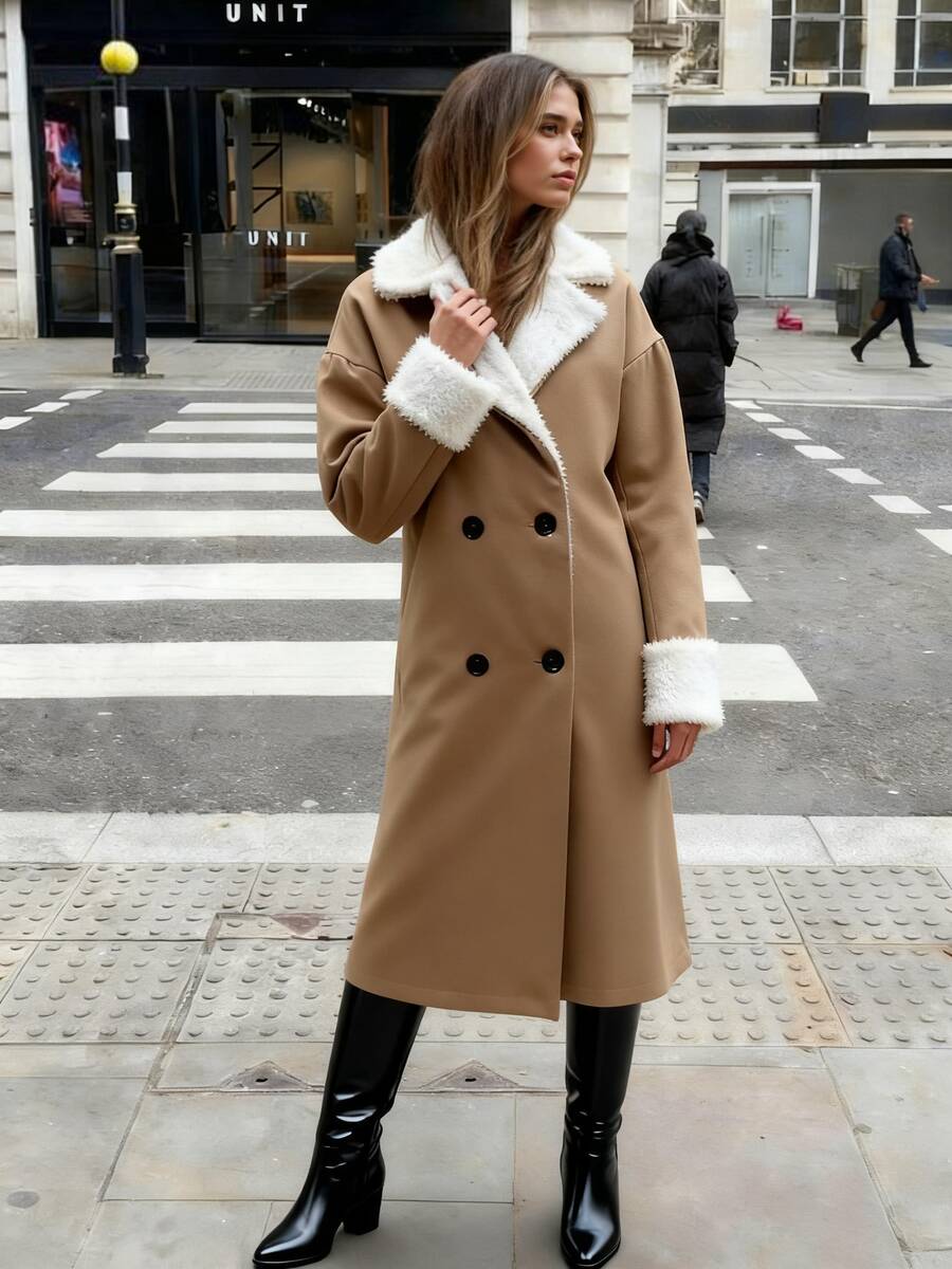 Damen Lässiger Mantel mit Stehkragen und Doppelreihe, Wollmischung, Pendler-Stil, Winterkollektion Neuheit