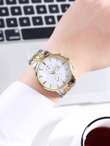 1pc Men's Steel Band Watch, Business Casual Quartz Watch, Simple & Elegant Gift - Gold - View 2