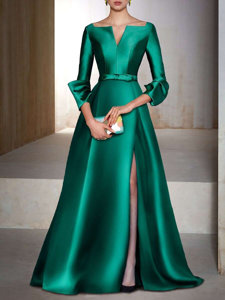Magic Mia Women's Elegant Emerald Green Satin Evening Gown - Long Sleeve V-Neck Maxi Dress With Puff Sleeves & High Slit | Formal Wear For Wedding Guest, Prom And Special Occasions (2025 Design) - 綠色 - 查看 1