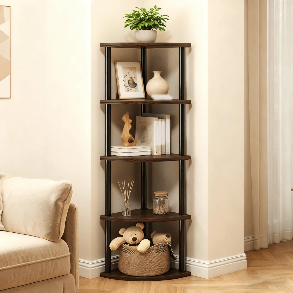 5/6 Tier Corner Shelf Stand,  Shelves Display Shelf For Living Room Decor, Wall Corner Bookshelf Multi Unit Organizer, Tall Shelf Plant Stand For Bedroom, Bathroom, Black - 深胡桃黑 - 查看 1