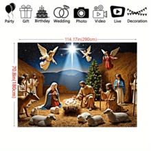 1 pieza Fondo navideño plano 2D con escena de la Natividad, ángeles, estrella de Belén, árbol de Navidad, ovejas y ciervos, y pancarta del pesebre rústico - Adecuado para decoración de pared de eventos religiosos, actividades de fiesta de Navidad 2026 y telón de fondo para exhibición en la iglesia - Decoración navideña para interiores y exteriores