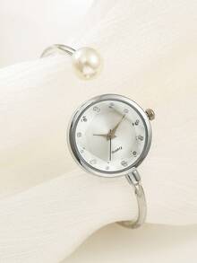 1pc Diamond-Studded Round Dial Pearl Bracelet Watch, Elegant Women's Watch - one-size - View 3