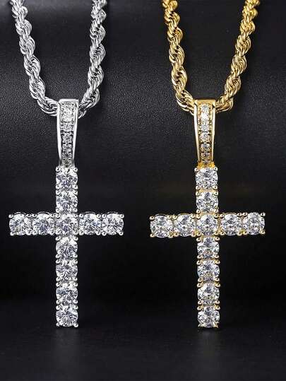 1 件时尚百搭优雅闪亮十字架吊坠水晶项链，适合男孩女孩优雅轻奢节日派对街头约会配饰礼物，适合日常精美珠宝