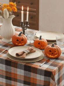 Taplak Meja Persegi Panjang Motif Kotak-kotak Musim Gugur/Dingin, Taplak Meja Kotak-kotak Cokelat Motif Kerbau Cocok Untuk Restoran, Dapur, Pesta Bertema, Meja Makan, Meja Persegi, Halloween, Dekorasi Sehari-hari - Oranye - View 7