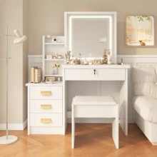 Dressing Table With Mirror And Stool - 87*36*136 Cm - LED And 3 Adjustable Lighting Modes - With 4 Drawers And Multiple Shelves - White - trắng - Xem 3