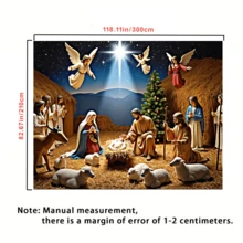 1 pieza Fondo navideño plano 2D con escena de la Natividad, ángeles, estrella de Belén, árbol de Navidad, ovejas y ciervos, y pancarta del pesebre rústico - Adecuado para decoración de pared de eventos religiosos, actividades de fiesta de Navidad 2026 y telón de fondo para exhibición en la iglesia - Decoración navideña para interiores y exteriores