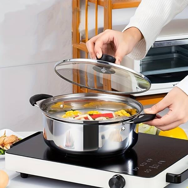 不锈钢迷你锅，1 个锅和 1 个玻璃盖 - 厨房锅具、汤和面条烹饪锅，兼容电炉灶，带盖多功能锅，无需电源，锅口直径 18 厘米/7.09 英寸