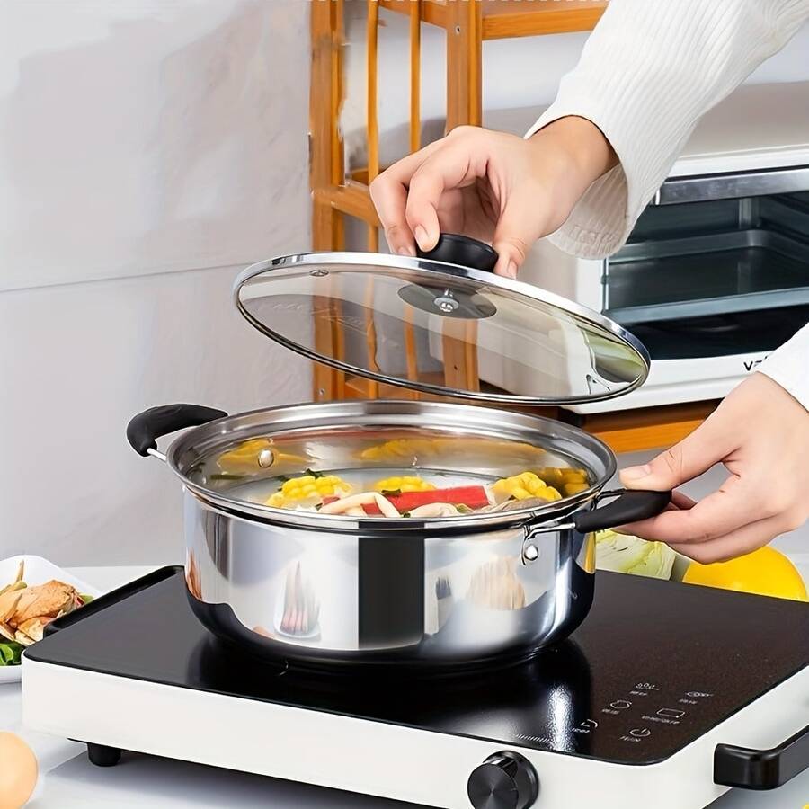 Stainless Steel Mini Pot, 1 Pot And 1 Glass Lid - Kitchen Pots, Soup And Noodle Cooking Pot, Compatible With Electric Stovetops, Versatile Pot With Lid, No Power Supply Needed, Size 18cm/7.09in Pot Mouth Diameter - Black - View 1