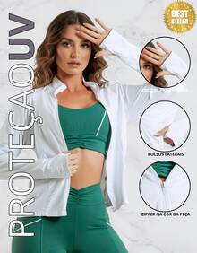 Sun Protection Jacket With Zipper And Premium Pockets, Gym And Cool Touch - White - View 4