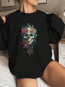 Sudadera con cuello redondo y gráfico de calavera floral artística para mujer, top tipo jersey de manga larga acogedor con estampado botánico intrincado único para un estilo urbano informal de moda. - Negro - Ver 1