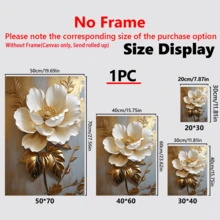 1 pièce Peinture à l'huile florale blanche élégante avec des feuilles d'or, décoration murale abstraite moderne, œuvres d'art murales, affiches, pouvant être accrochées, convient pour la décoration de la chambre, des couloirs, des cafés, des bibliothèques, de la chambre à coucher, de la salle de bain, du salon, du bureau - Matériau de canevas (cadre en option), plat 2D