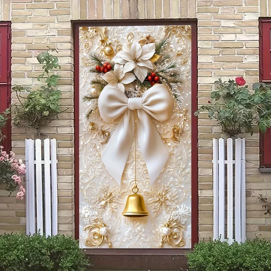 Elegant Christmas Door Cover With White Bow & Golden Bell - 35.4x70.8 Inches, Perfect For Entryways & Holiday Decor