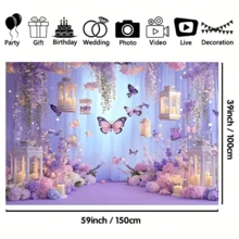 1 Pc, 2D Flat, Gorgeous Style Butterfly Party Backdrop, Polyester Material, Purple Background, Rectangular Photography Background, Bohemian Style, With Purple Butterflies And Flowers, Suitable For Birthday And Wedding Decoration, Living Room Bedroom Decoration, Office Decoration, Multi-Season Use, Gift Giving, Photo Booth Props, Multiple Size Options