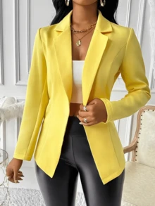 Women's Solid Color Lapel NeckLong Sleeve Casual Office Blazer Jacket, Autumn - Yellow - View 2