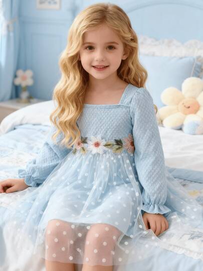 Girls Long Sleeve Dress, Textured Fabric, Mesh Patchwork, Floral Decor, Fits Age 4-7, Casual Style, Everyday Wear, Girls Autumn/Winter Dress