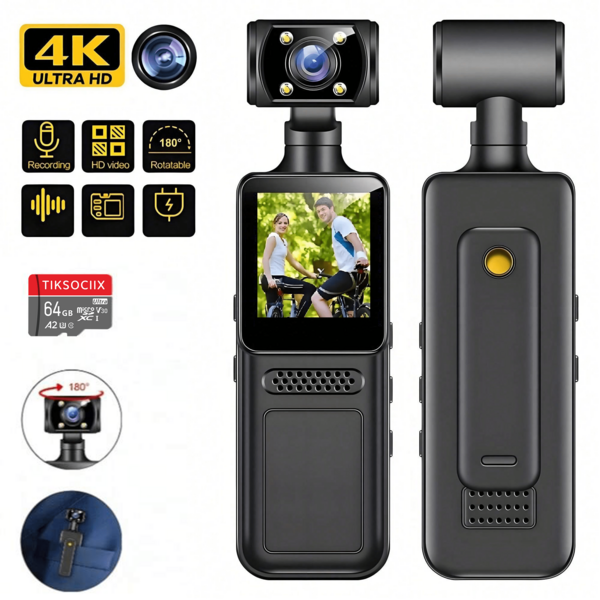 4K Pocket Action Camera, 1080P HD Wearable Video Camera With 4K Screen, WiFi, Recorder, USB Charging, 180° Rotation, Handheld Stabilizer, Night Vision, Suitable For Life Recording, Travel, Vlogging, Live Streaming, And Outdoor Adventure