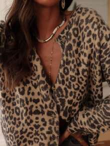 Women Plus Size Leopard Print Knitwear V Neck Long Sleeve Cardigan Regular Fit Medium Stretch Top Cheetah Print Spring Knitwear Vacation - Khaki - View 5