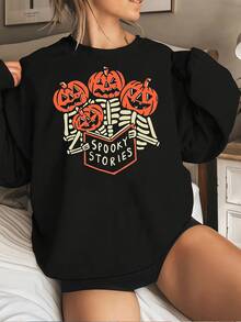 Sudadera acogedora de cuello redondo con estampado de esqueleto de calabaza y historias espeluznantes de Halloween para mujer, jersey informal de manga larga para otoño y otoño. - Negro - Ver 1