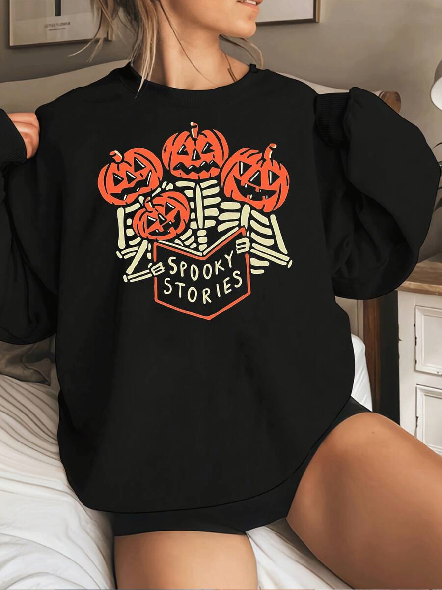 Sudadera acogedora de cuello redondo con estampado de esqueleto de calabaza y historias espeluznantes de Halloween para mujer, jersey informal de manga larga para otoño y otoño. - Negro - Ver 1