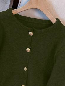 1pc Solid Color Button Front Women Cardigans, Round Neck Casual Grey Cardigan, Versatile Loose Fit Sweater Cardigan With Metal Buttons, Long Sleeve Knit Sweater Cardigan